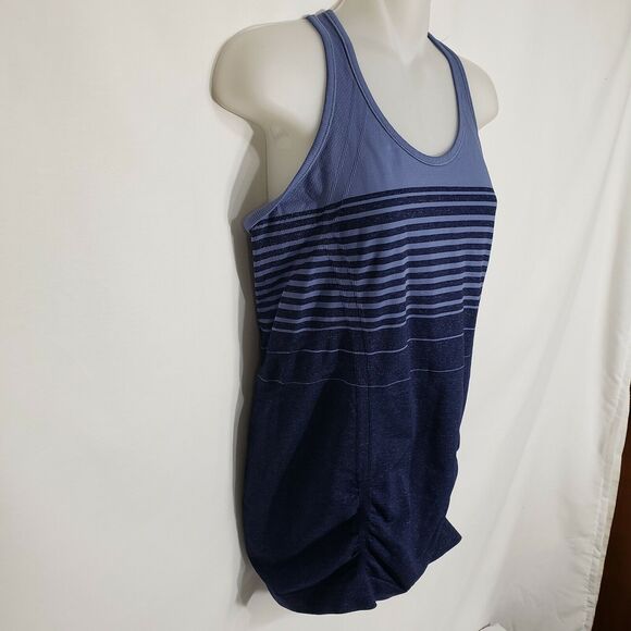 Athleta Womens Tank Top Medium Blue Striped Ruching Grip Hem Racerback 457083 - Picture 4 of 8